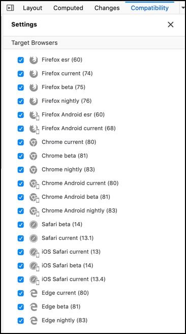 Screenshot of the Settings for the Compatibility view