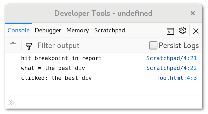 The breakpoint handler’s console output