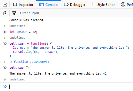 Console output showing syntax highlighting