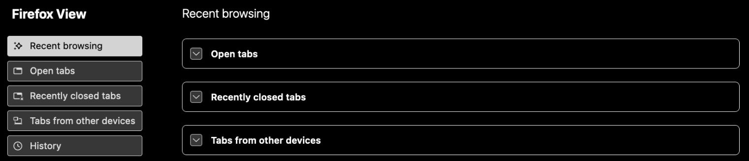 Firefox view page. The navigation tabs are rendered white on dark grey, with the active tab rendered black on white. Page content is rendered white on black with borders around interactive components.