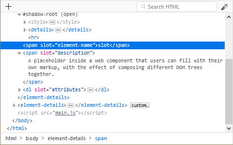 A view of a shadow root shown inside the DOM tree in the Firefox DevTools