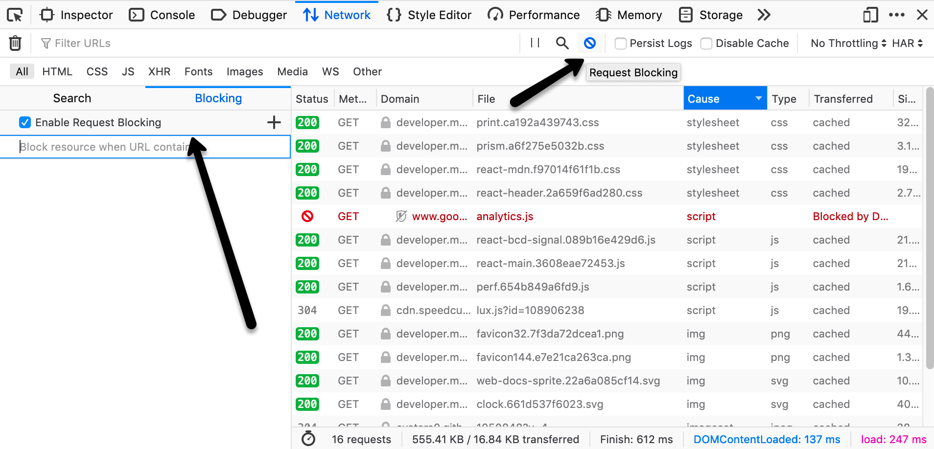 Screen shot of the Blocking panel, with arrows indicating the panel and the Request Blocking toolbar icon