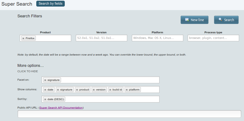 crash-stats Super Search form with different facets