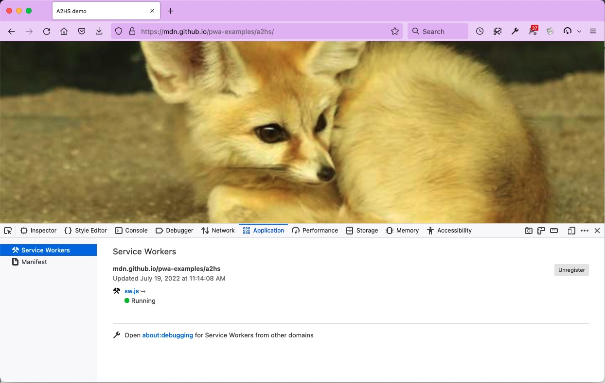the application panel showing a registered service worker